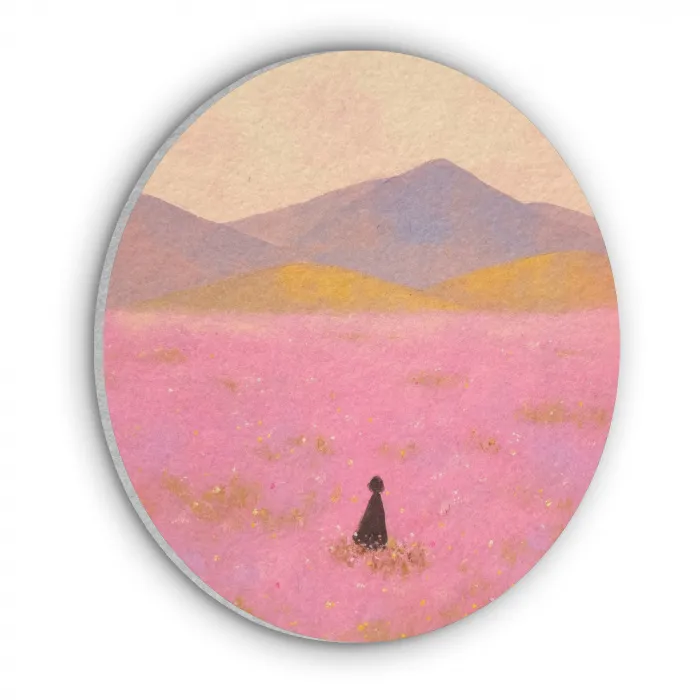 Bloemenweide - Heuvels - Silhouet - Roze Akoestische PET Vilt - Rond klein -3d