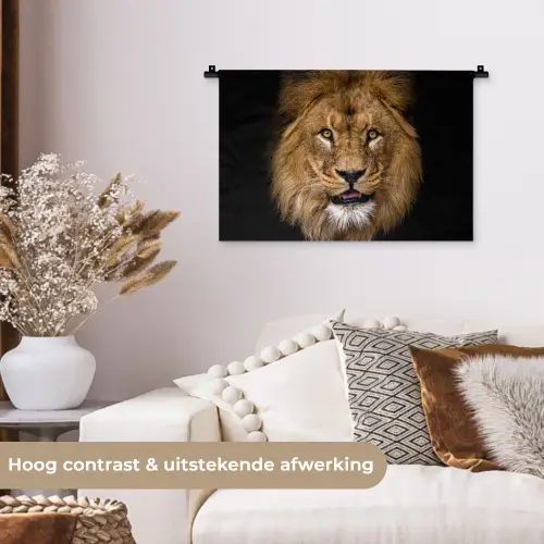 Leeuw - Portret - Zwart - Dieren Wandkleed katoen klein -sfeer1