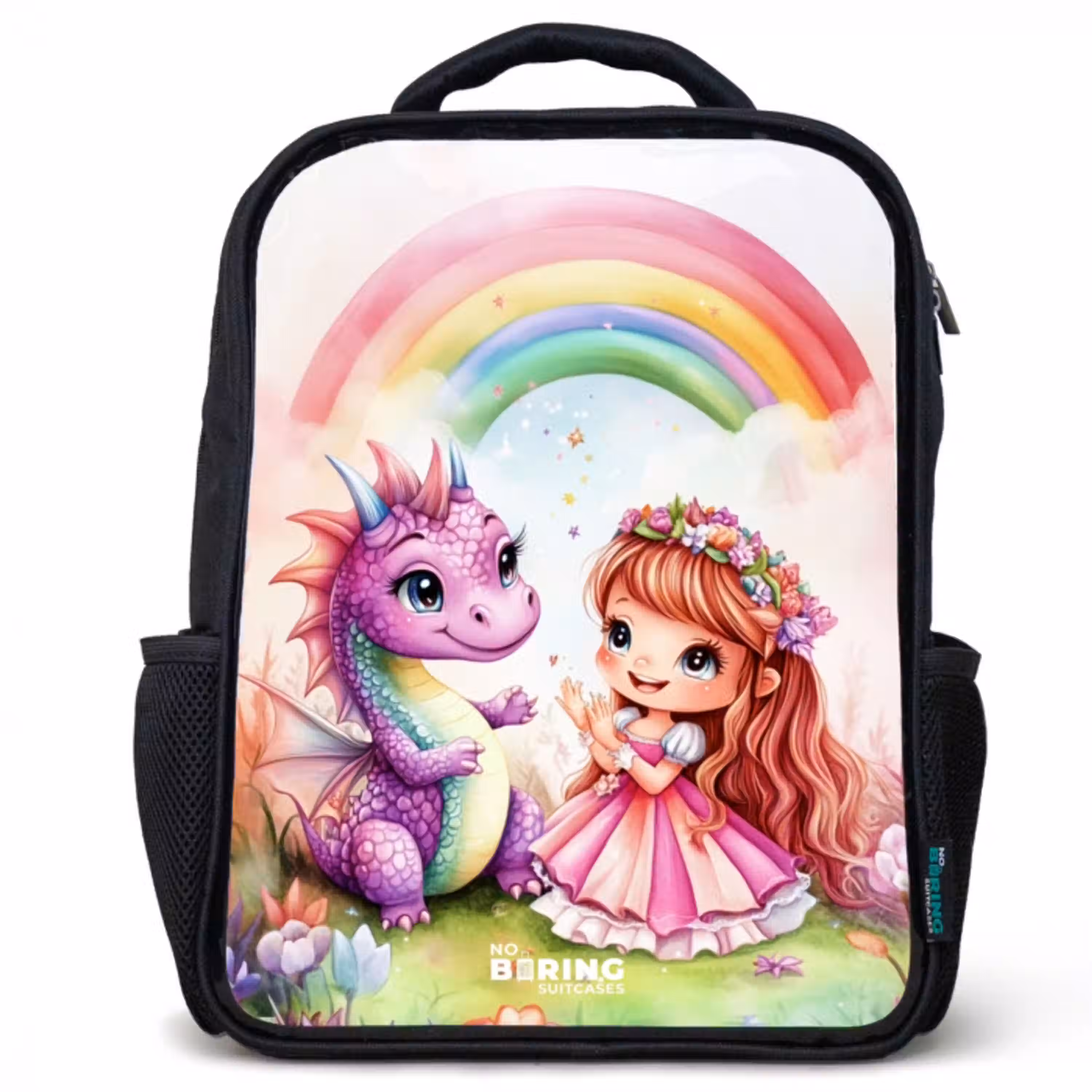 Meisje met paarse draak onder regenboog Rugzak - Zwart middel -3d