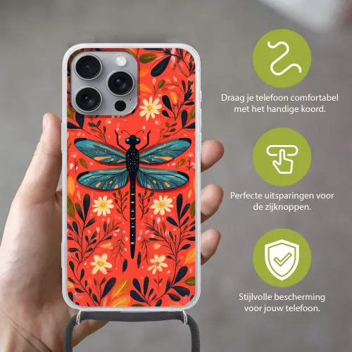 Libel - Blauw - Vleugels - Bladeren Hoesje iPhone 16 Pro Max met koord klein -sfeer2_NL