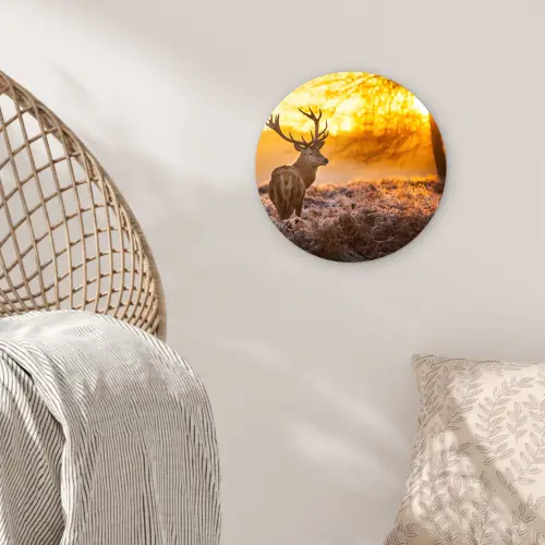 Hert - Dieren - Zonsondergang - Winter - Heide - Natuur Wandcirkel kunststof plaat 5mm dik klein -sfeer5