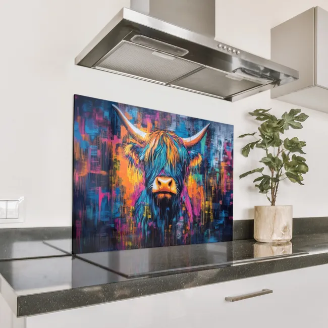 Spritzschutz Küche - Schottischer Highlander - Abstrakt - Farbenfroh