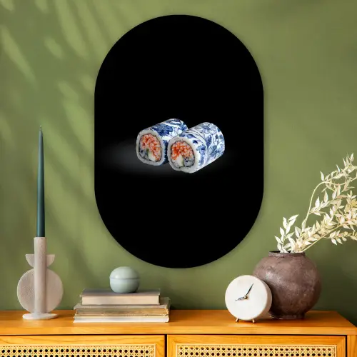 Sushi - Delfts blauw - Rijst - Vis - Elegant Wandcirkel Ovaal Glas middel -sfeer2