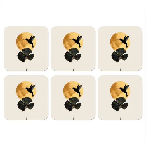 Zwarte kolibrie - Bloem - Gouden cirkel onderzetter kurk middel -3d