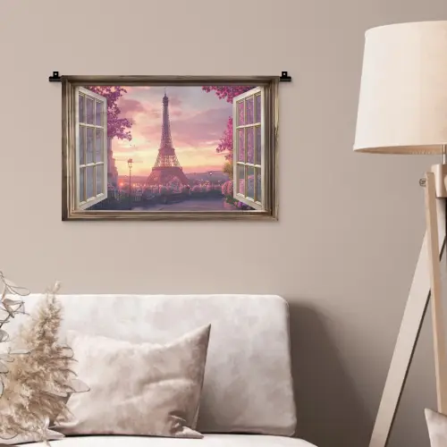 Doorkijk - Parijs - Eiffeltoren - Roze - Kersenbloesem Wandkleed katoen klein -sfeer4