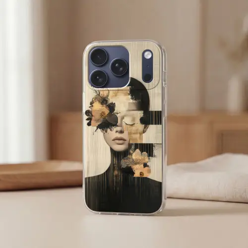 Gezicht - Bloemen - Zwart - Vrouw Telefoonhoesje iPhone 17 Pro klein -sfeer2