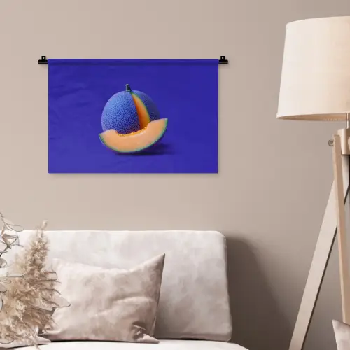 Meloen - Blauw - Oranje - Kunstzinnig Wandkleed katoen klein -sfeer4