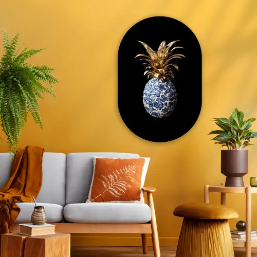 Ananas - Bloemen patroon - Goud - Delftsblauw Wandcirkel Ovaal Glas middel -sfeer4