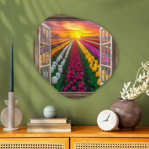 Doorkijk - Bloemen - Tulpen - Kleurrijk - Zonsondergang Wandcirkel Organisch Plexiglas middel -sfeer2