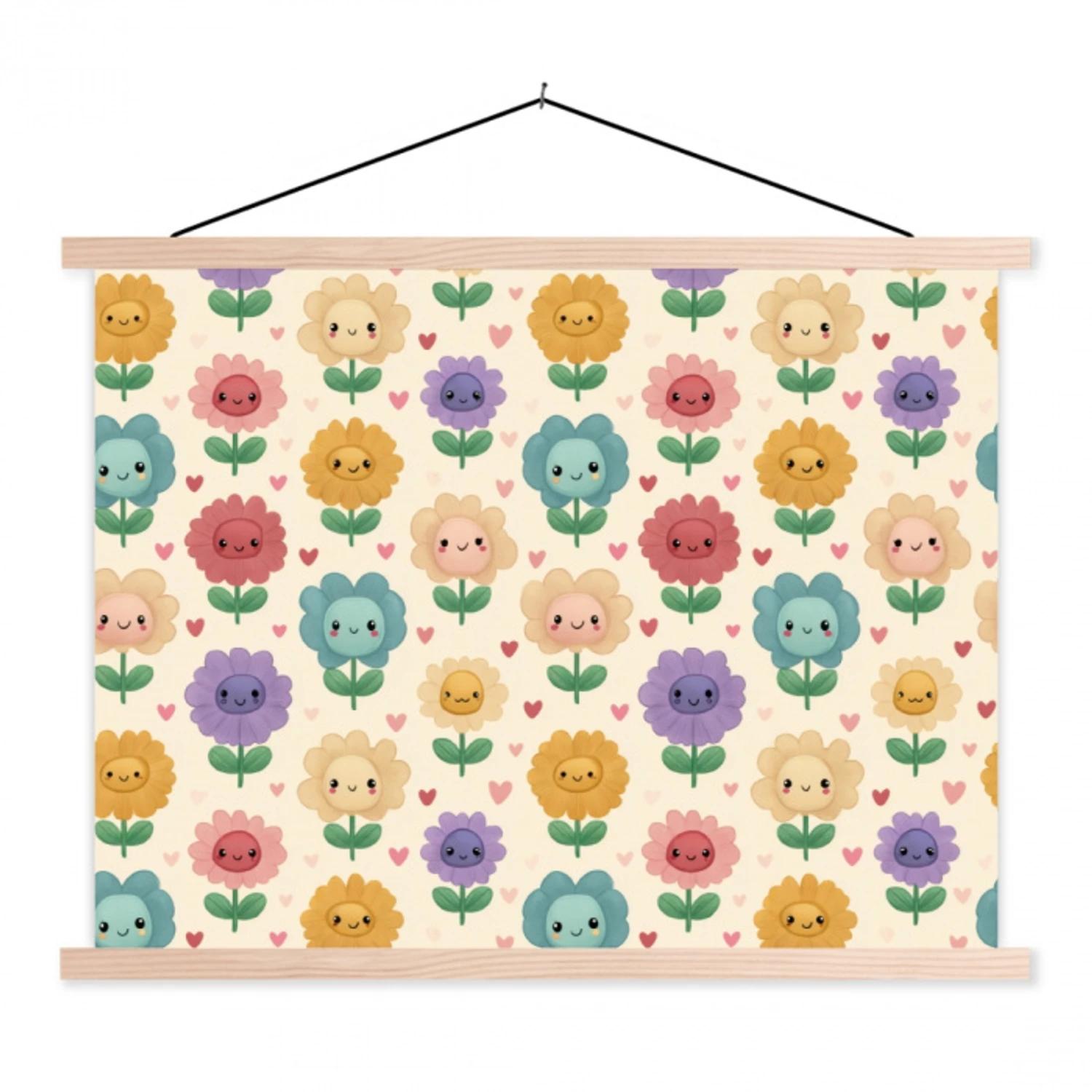 Bloemen - Hartjes - Kleurrijk textielposter latten blank klein 122 -3d