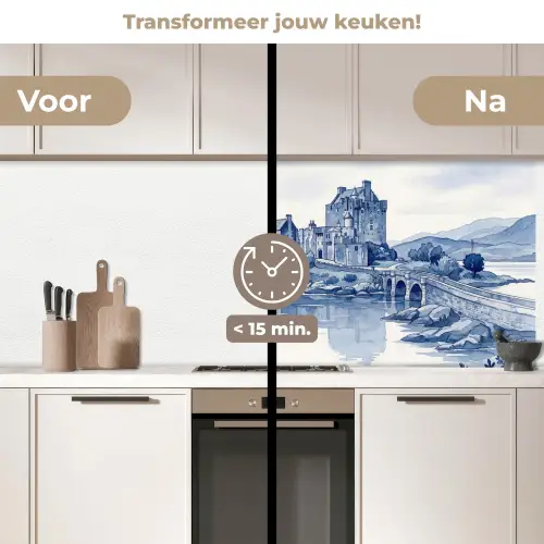 Schots - Kasteel - Blauw - Aquarel keuken achterwand 2 middel -voor-na2_NL