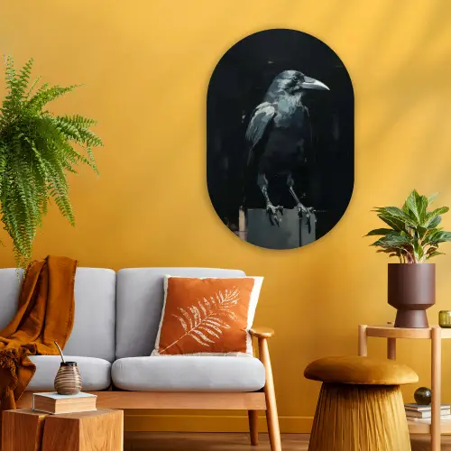 Raaf - Vogels - Zwart Wandcirkel Ovaal Glas middel -sfeer4