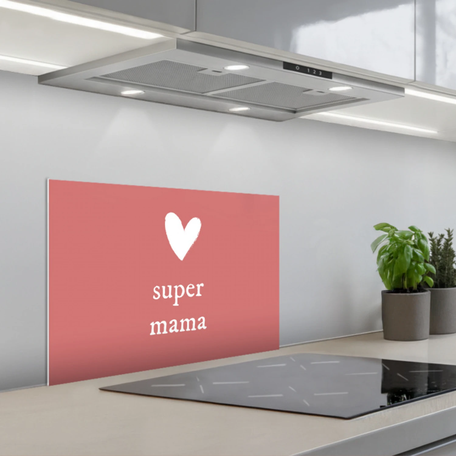 Presentje voor Moederdag super mama roze/wit keuken achterwand spatscherm klein -3d_schuin