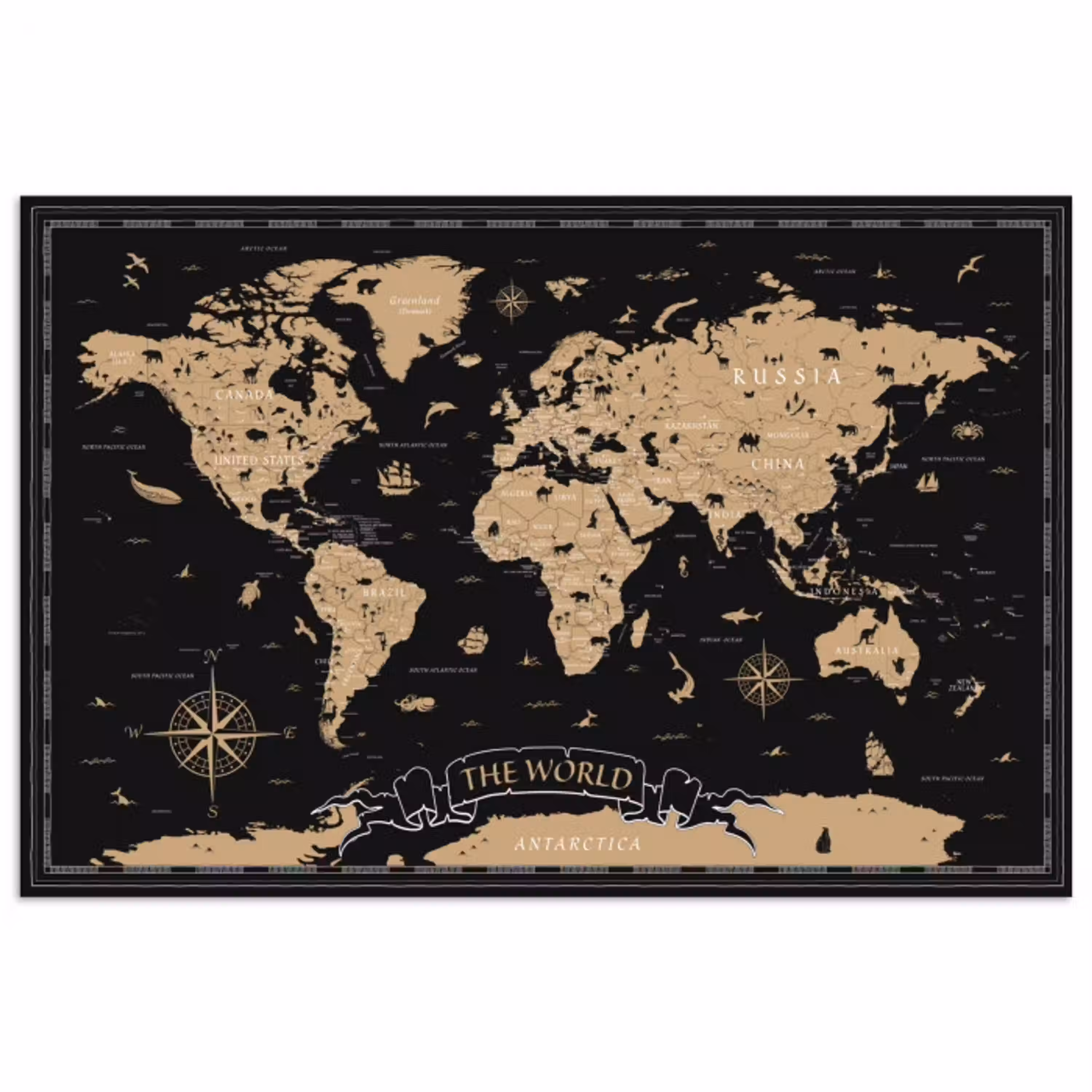 Wereldkaart - Beige - Zwart poster papier klein -3d