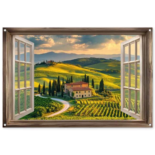 Tuinposter - Doorkijk - Toscane - Uitzicht - Landschap - Zomer
