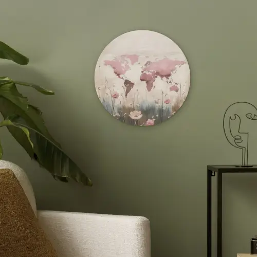 Wereldkaart - Roze - Bloemen Akoestische PET Vilt - Rond klein -sfeer2