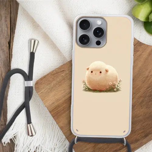 Schaap - Beige - Bloemen Hoesje iPhone 16 Pro Max met koord klein -sfeer4