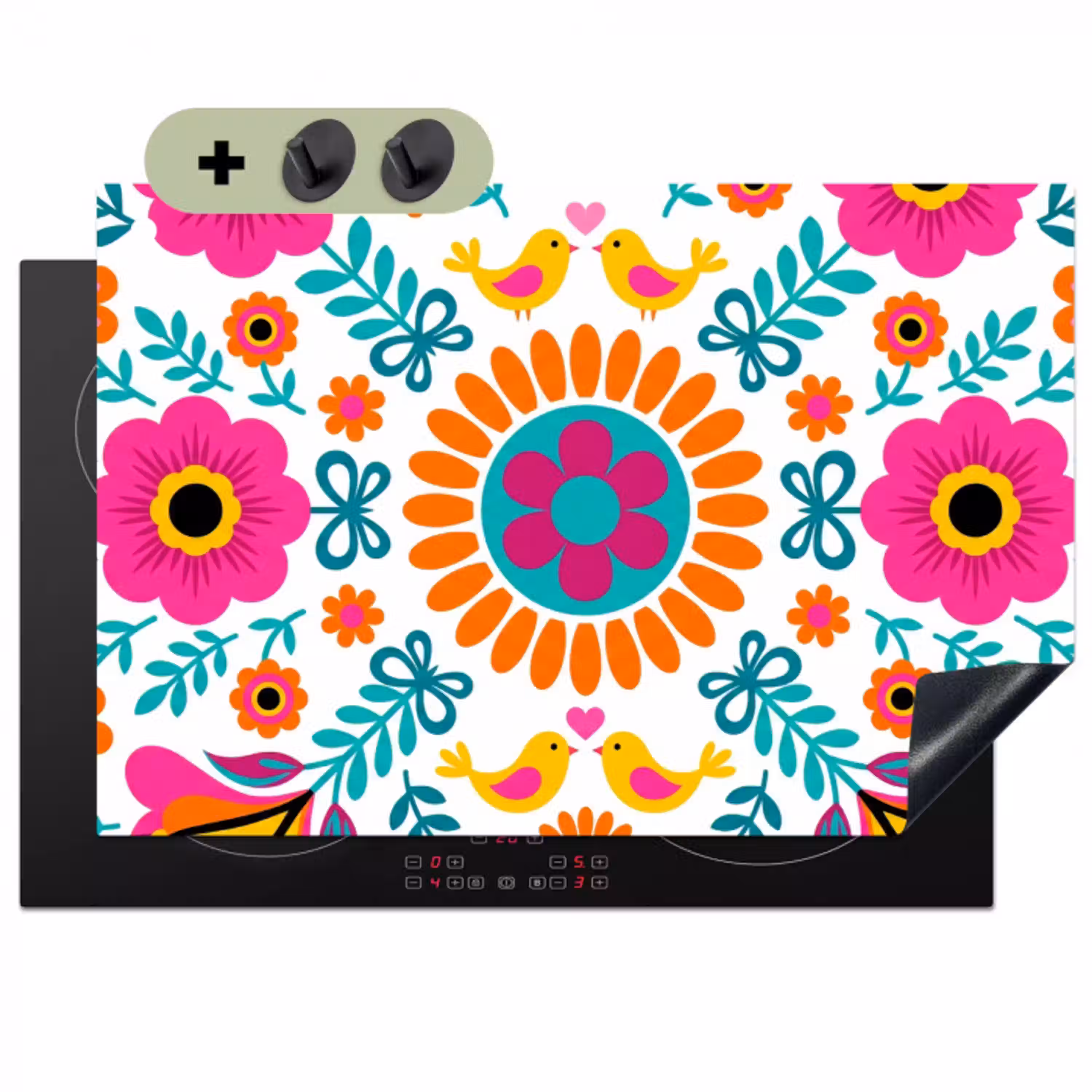 Bloemen - Vogel - Patroon - Kleurrijk - Modern Inductie beschemer met haakjes klein -3d