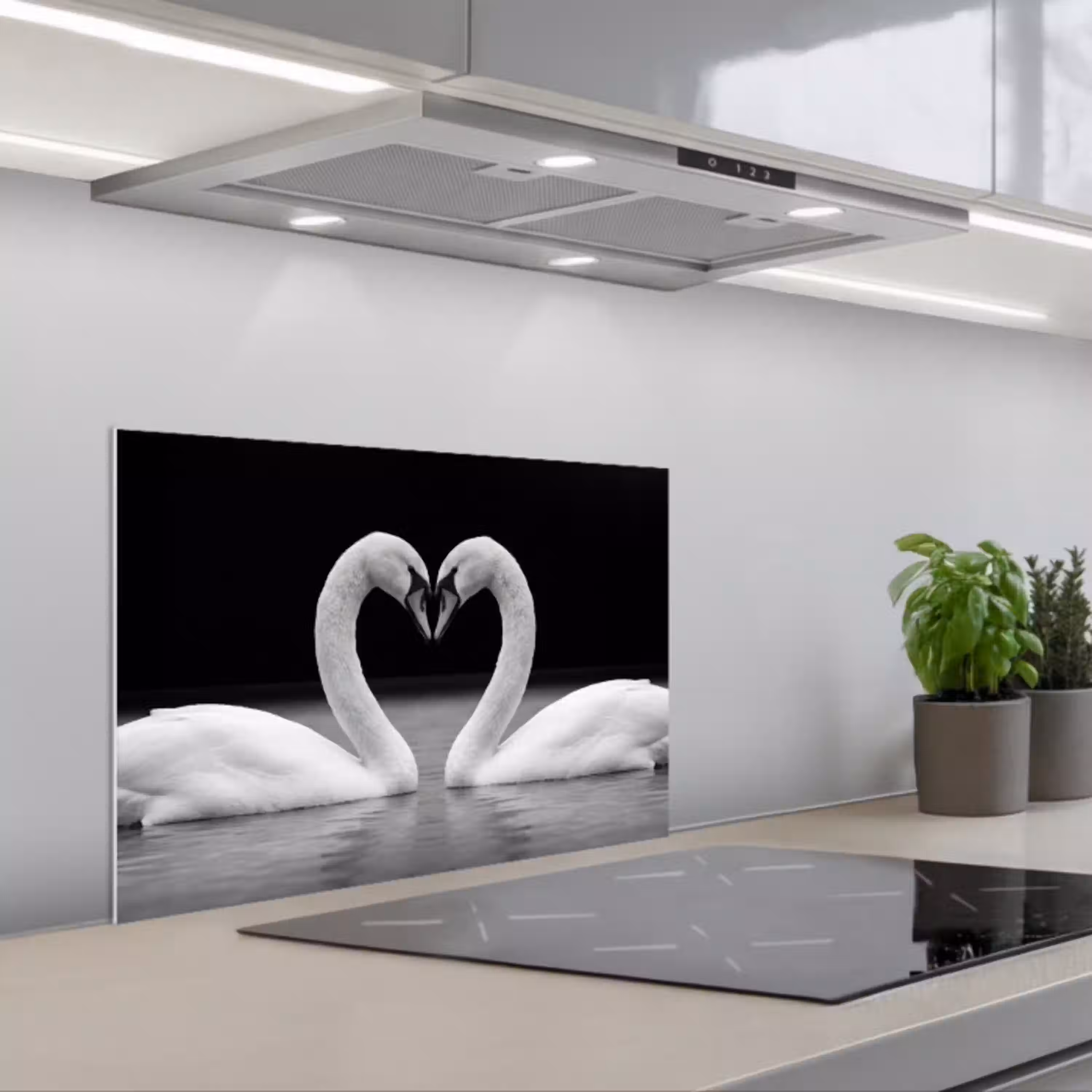 Zwanen - Hart - Zwart - Wit keuken achterwand spatscherm klein -3d_schuin