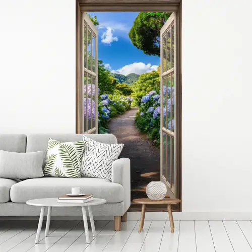 Doorkijk - Hortensia - Pad - Natuur fotobehang vinyl groot -woonkamer