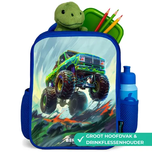 Groene Monstertruck met Penseelstreken Kinderrugzak - Blauw middel -inhoud_NL