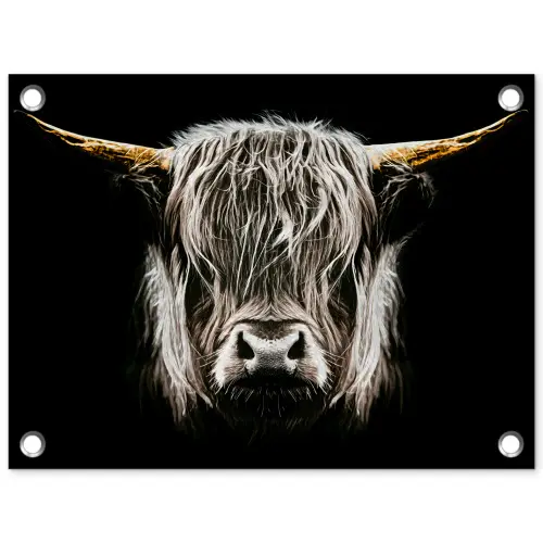 Schotse hooglander - Goud - Hoorns - Zwart wit - Koe - Dieren tuinposter los doek klein -3d