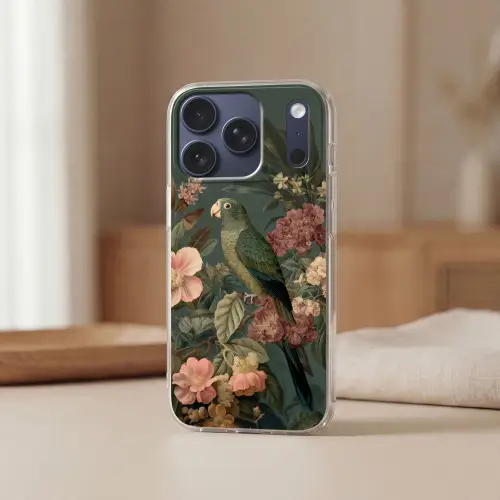 Groene papegaai - Kleurrijke bloemen - Donkere achtergrond Telefoonhoesje iPhone 17 Pro klein -sfeer2