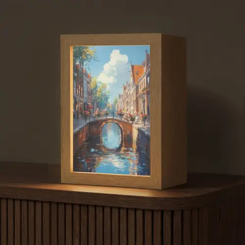 Stad - Gracht - Zon - Fietsen Light Box met kabel (Tafellamp) klein -z3d_website