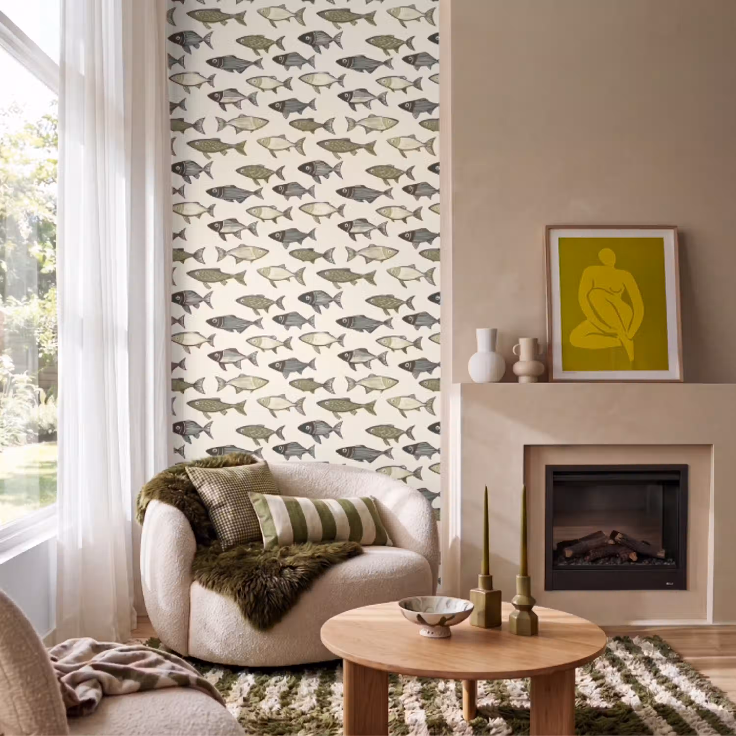 Vissen - Klassiek - Groen Behang Vlies klein 1076 -sfeer2