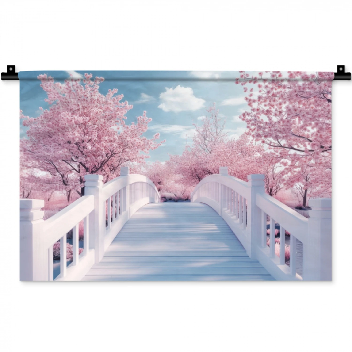 Brug - Kersenbomen - Wit Wandkleed katoen klein -zz3d