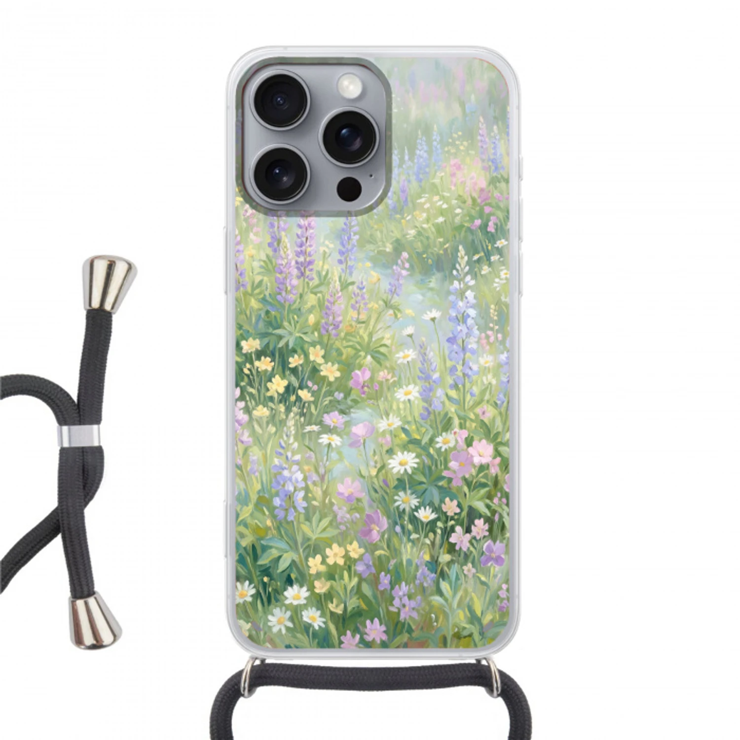 Bloemenveld - Heuvels - Kleurrijk Hoesje iPhone 16 Pro Max met koord klein -3d