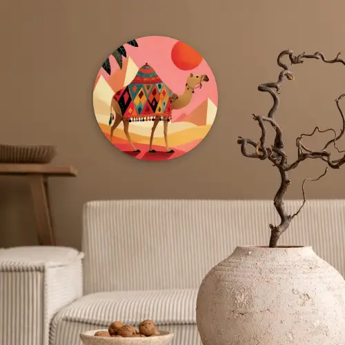 Kameel - Pyramides - Rode zon Wandcirkel kunststof plaat 5mm dik klein -sfeer1