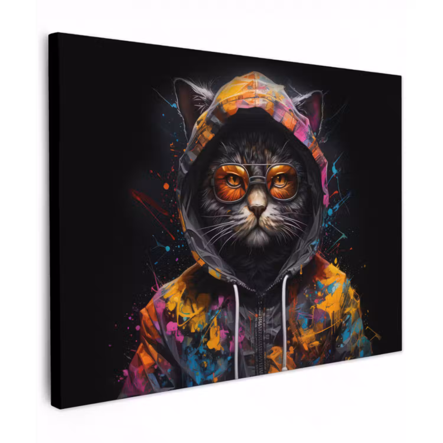 Leinwandbild - Katze - Mantel - Graffiti - Brille - Schwarz