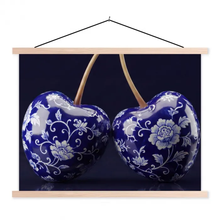 Porselein- Kersen - Delfts - Blauw textielposter latten blank klein -3d