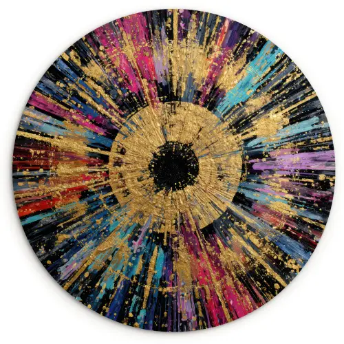 Explosie - Goud - Kleurrijk - Abstract Wandcirkel kunststof plaat 5mm dik klein -3d