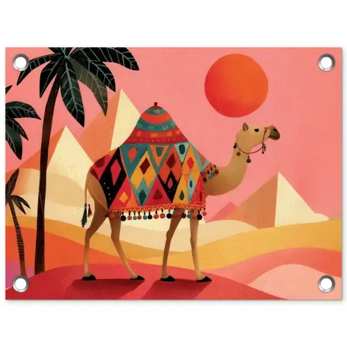 Kameel - Pyramides - Rode zon tuinposter los doek klein -3d