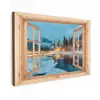 Winterlandschap - Natuur - Huis - Bergen - Doorkijk - Raam Tuinposter op houten frame 2 cm dik klein -3d