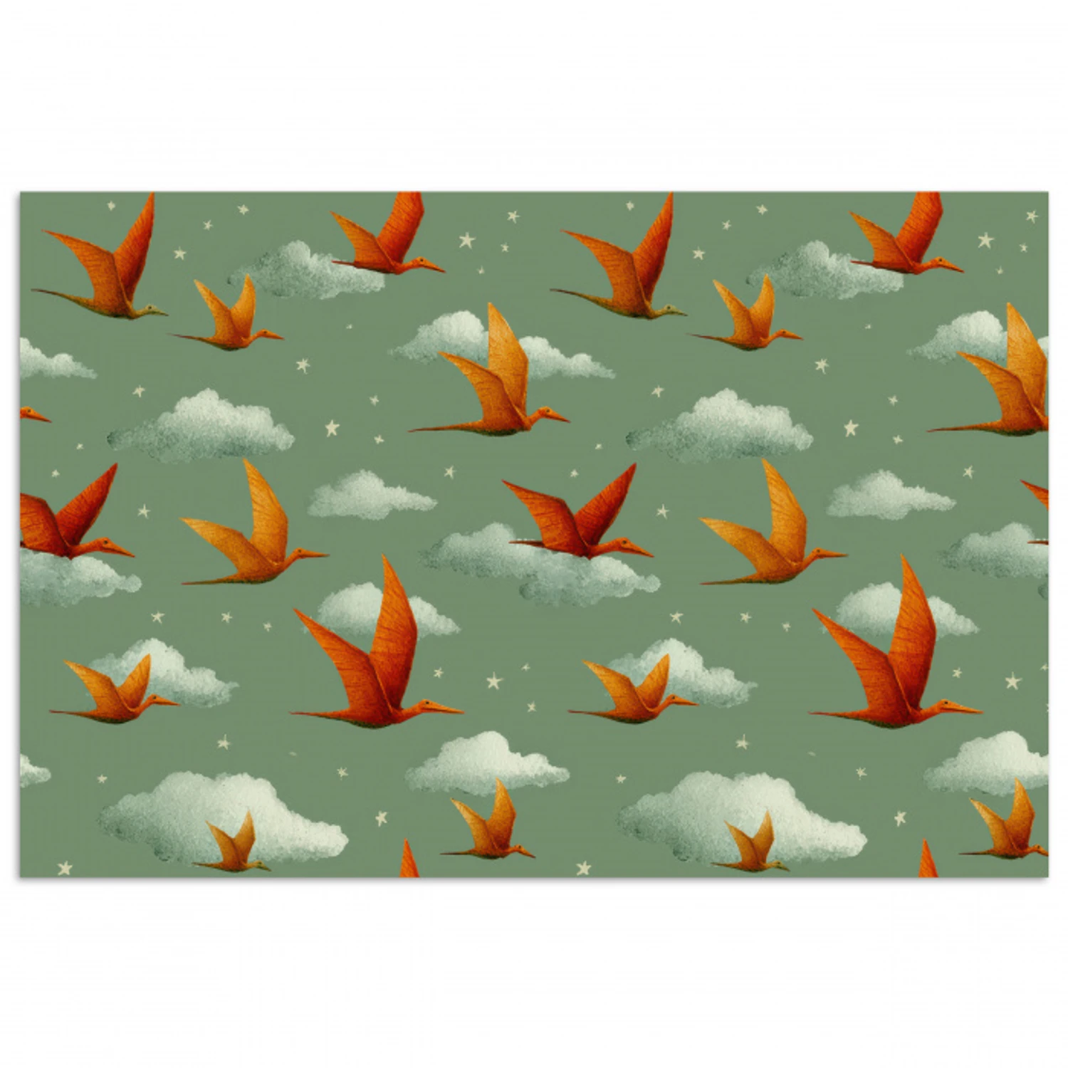 Dinosaurussen - Wolken - Sterren - Oranje poster papier klein -3d