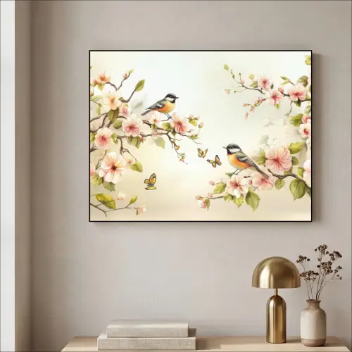 Takken - Bloemen - Vogeltjes - Roze Textielframe zwart klein -sfeer2
