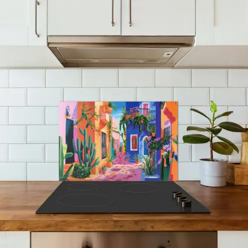 Geel - Blauw - Oranje - Huis keuken achterwand spatscherm klein -sfeer2