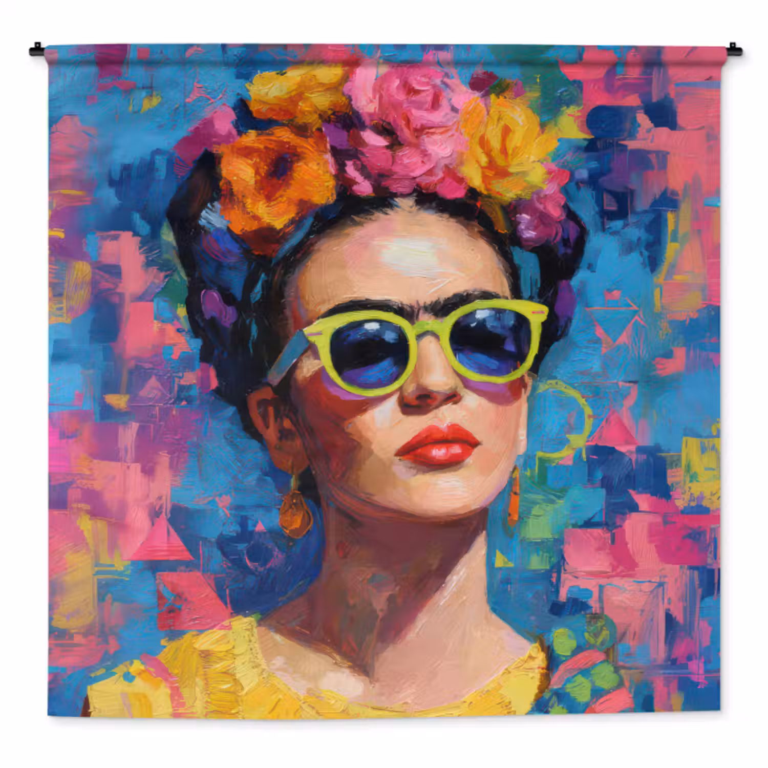 Wandkleed - Vrolijk portret - Vrouw - Bloemenkroon