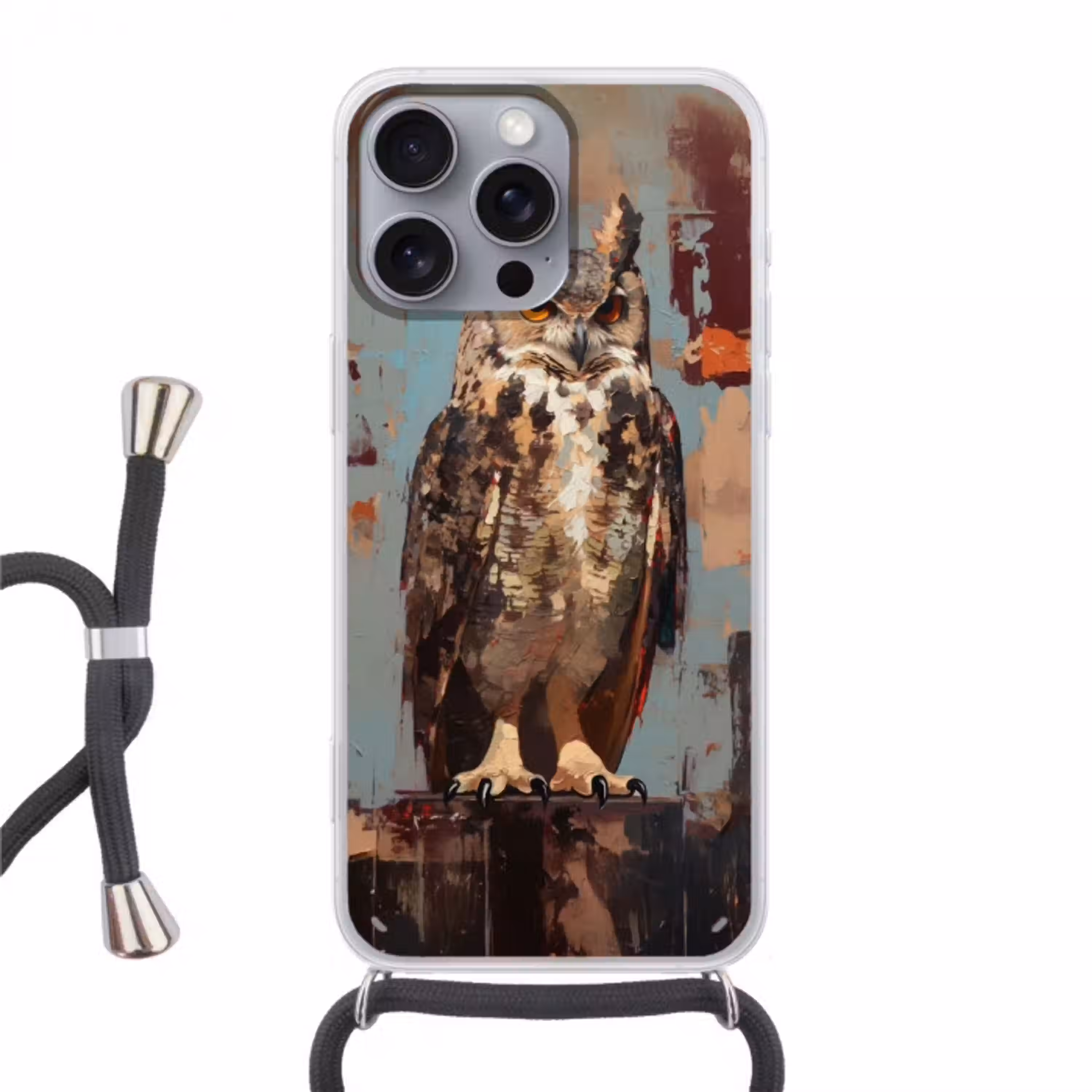 Geschilderd - Abstract - Uil - Bruin Hoesje iPhone 16 Pro Max met koord klein -3d