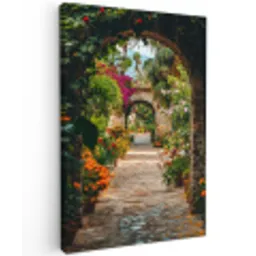 Doorkijk - Bloemen - Poort - Stenen Tuinposter op houten frame 2 cm dik klein -3d