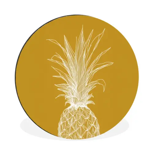 Lijnillustratie - Ananas - Bladkroon - Okergeel Wandcirkel aluminium klein -3d