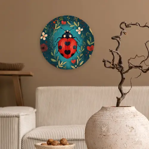 Bloemen - Lieveheersbeestje - Hartje - Rood Wandcirkel kunststof plaat 5mm dik klein -sfeer1