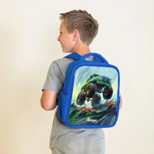 Groene Monstertruck met Penseelstreken Kinderrugzak - Blauw middel -sfeer2