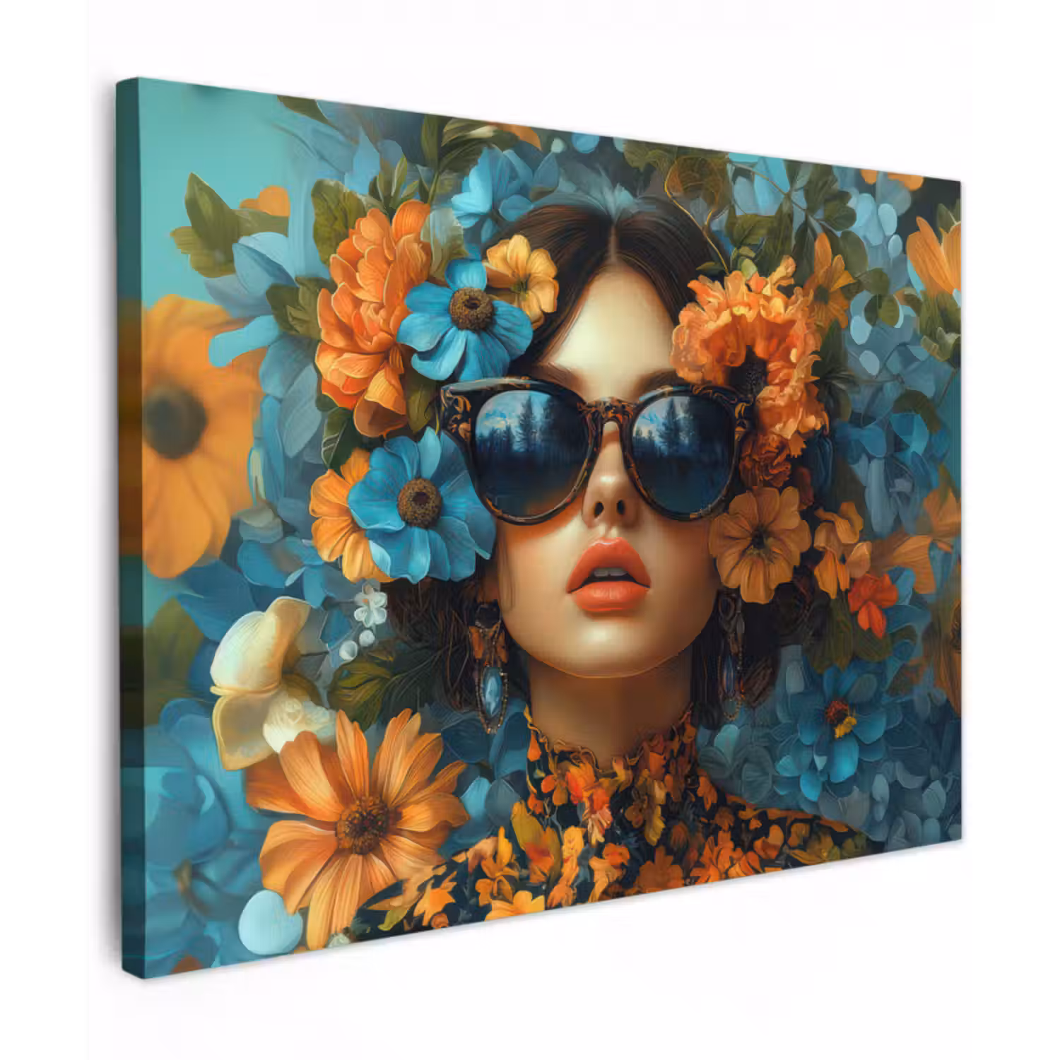Tableau sur toile - Femme - Fleurs - Orange - Bleu - Moderne