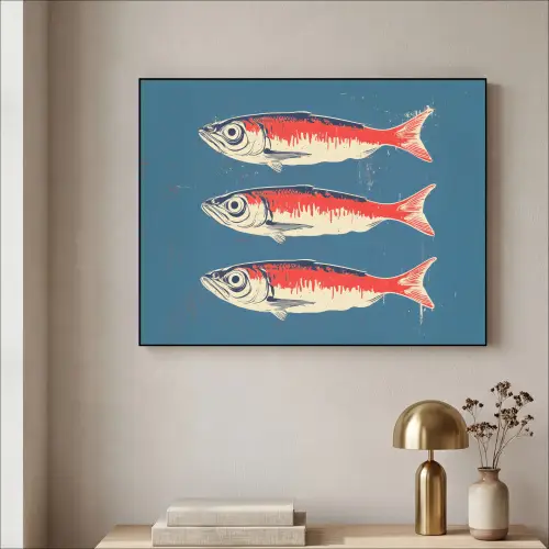 Vissen - Rood - Blauw Textielframe zwart klein -sfeer2