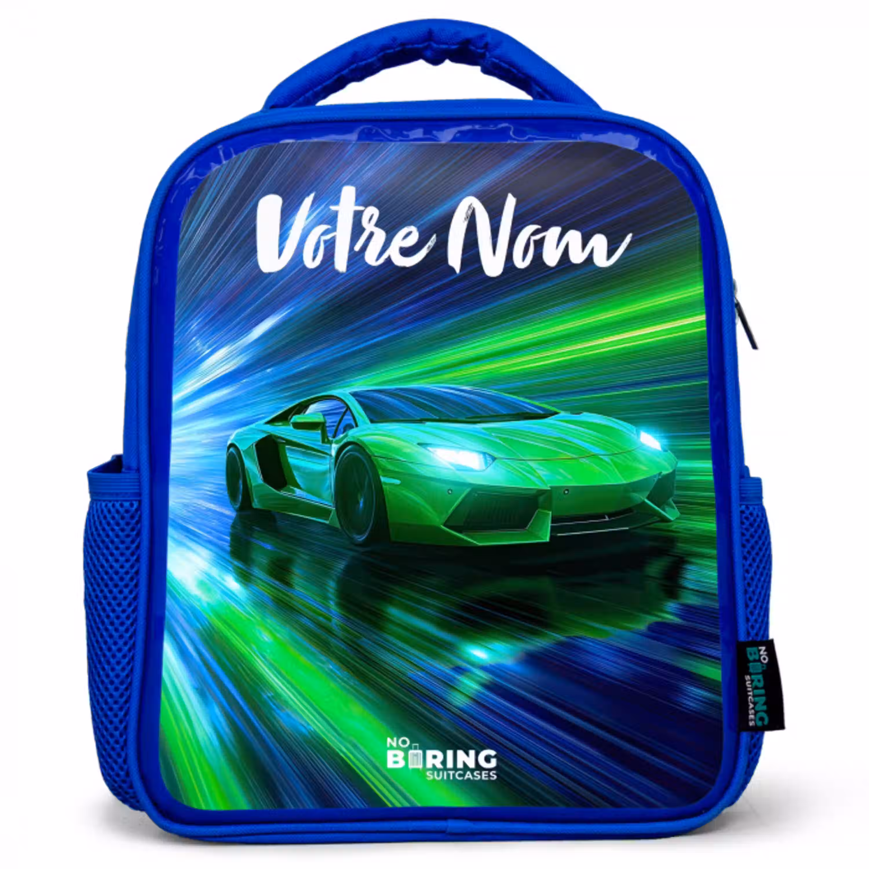 Sportauto - Groen - Snelheidslijnen - Neon Kinderrugzak - Blauw middel -3d