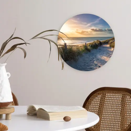 Zonsondergang - Strand - Duin - Gras - Bank Wandcirkel kunststof plaat 5mm dik klein -sfeer4